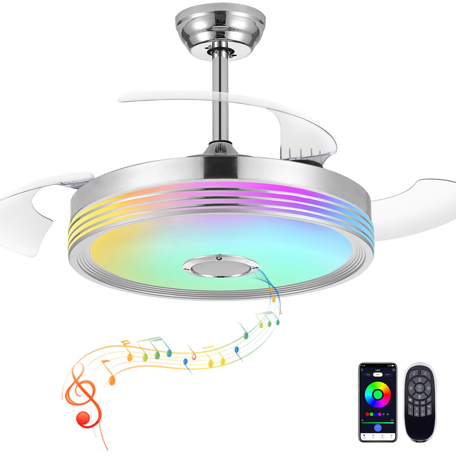 48-Inch Retractable Ceiling Fan with RGB Lights & Bluetooth Speaker