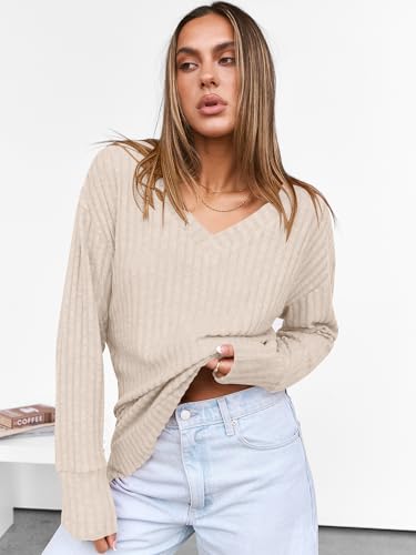 50% Off ANRABESS Women's Ribbed V-Neck Long Sleeve Shirt - Image 4