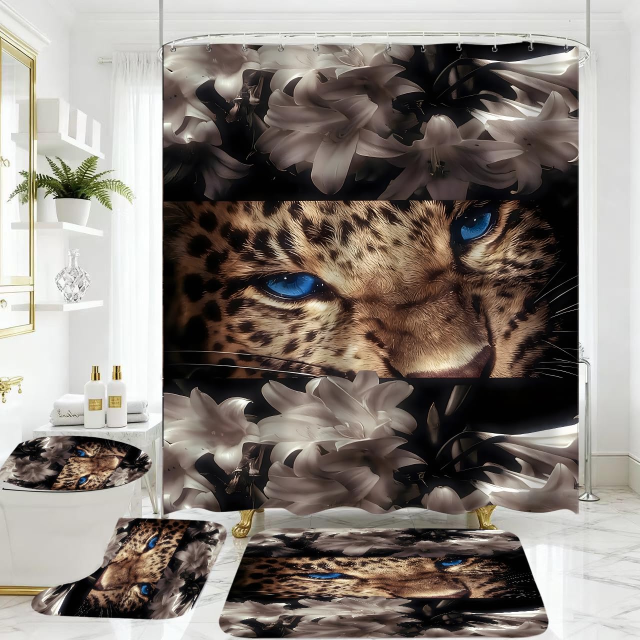 20% Off 4-Piece Leopard Floral Shower Curtain Set - Image 1