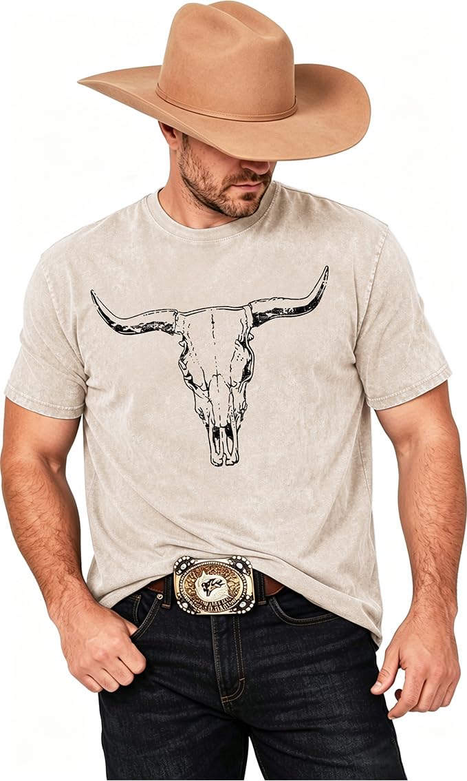 Oversized Country Music Tee with Cow Skull Graphic at $17.99