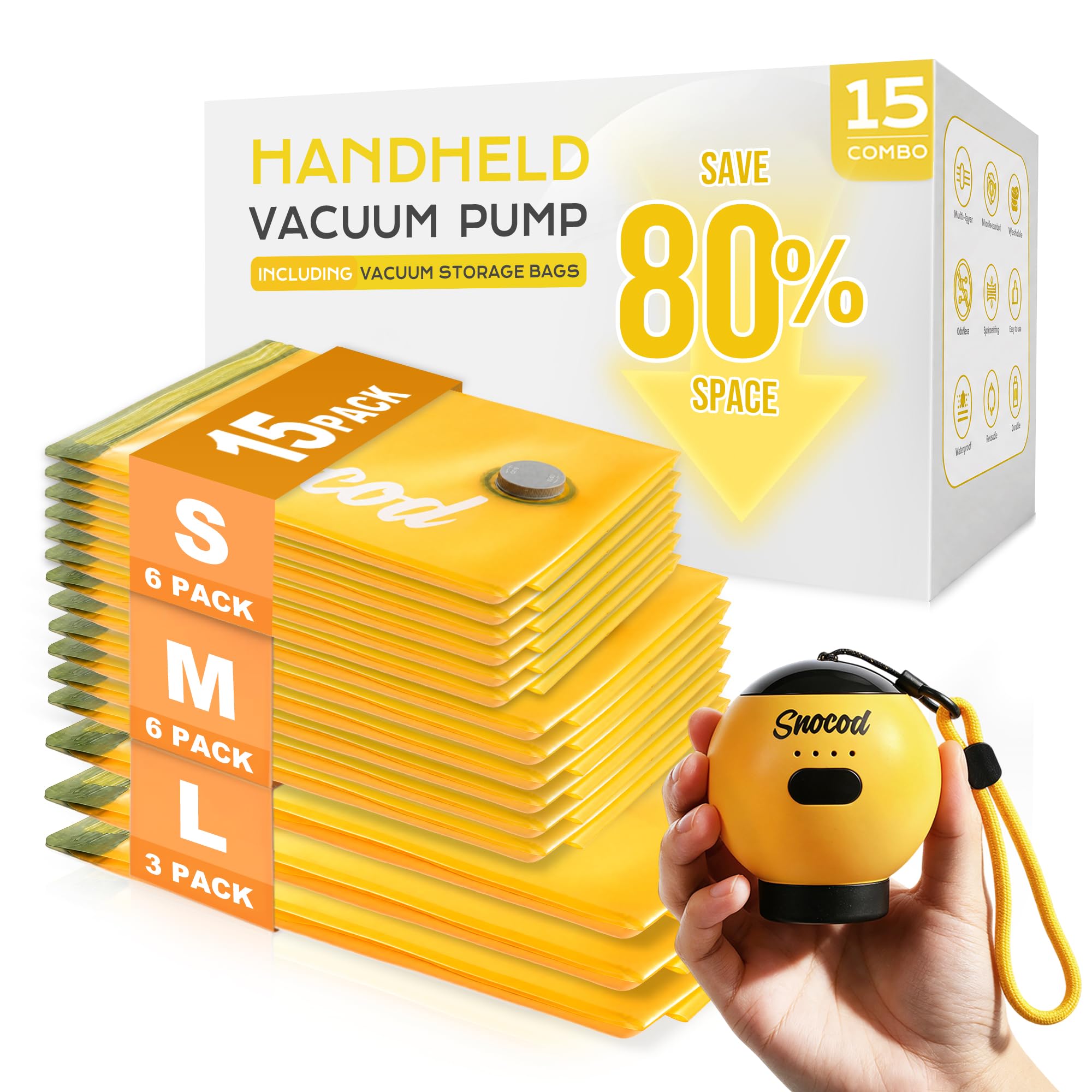 40% Off! SNOCOD Travel Vacuum Bags with Pump 15 Pack