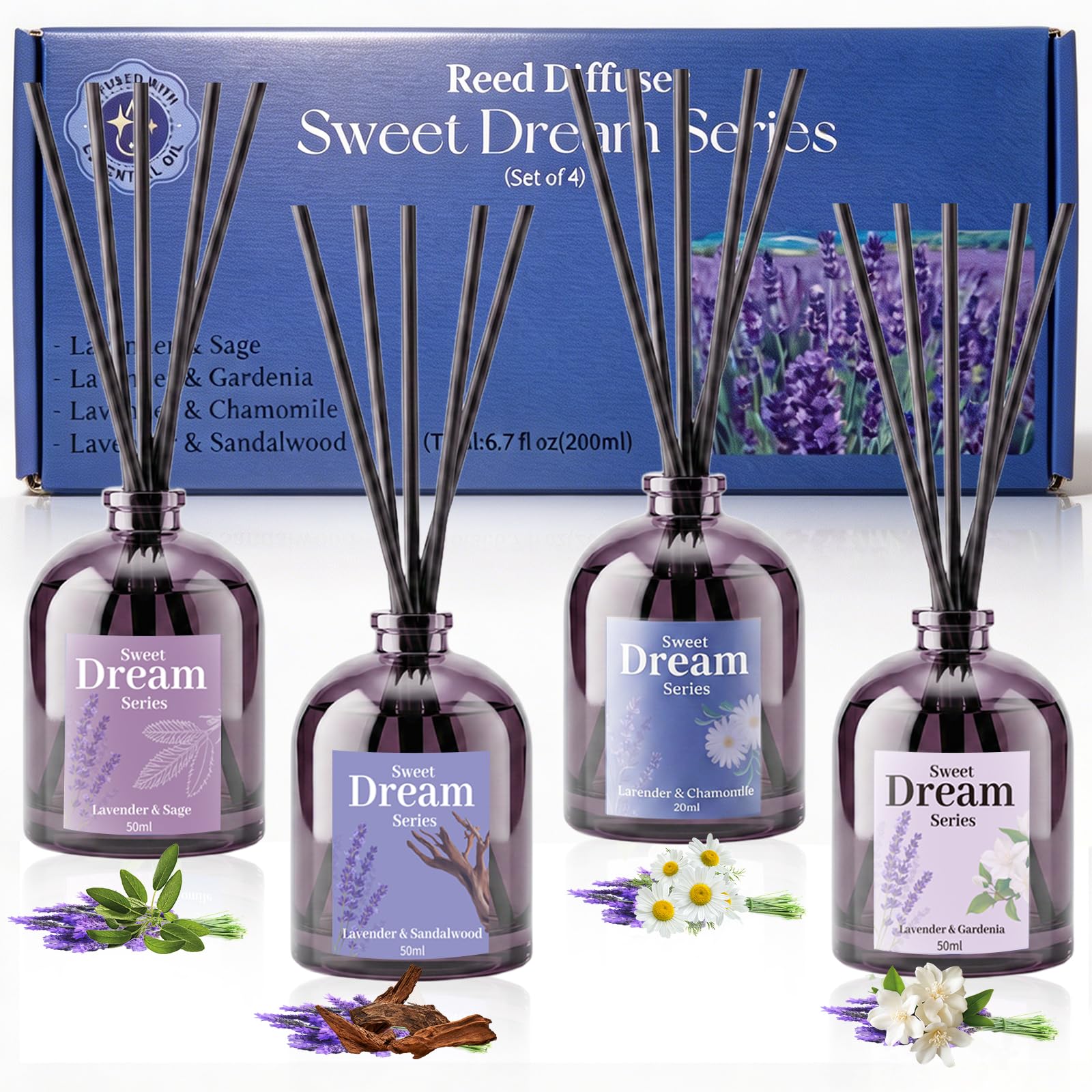 SCENTORINI Lavender Reed Diffuser Set - 4 Pack for Sleep & Relax