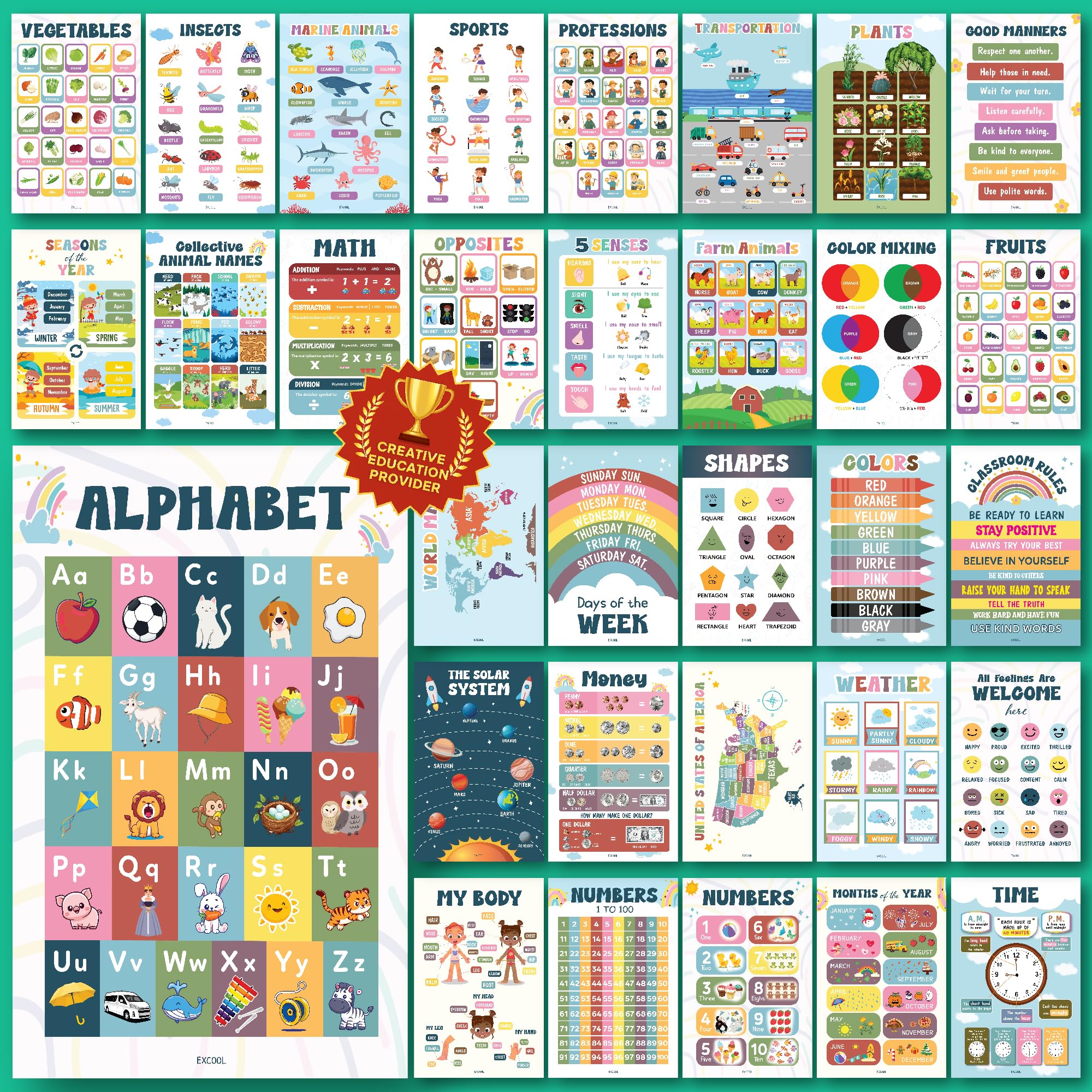 50% Off EXCOOL CLUB 32 Boho Educational Posters - Image 1