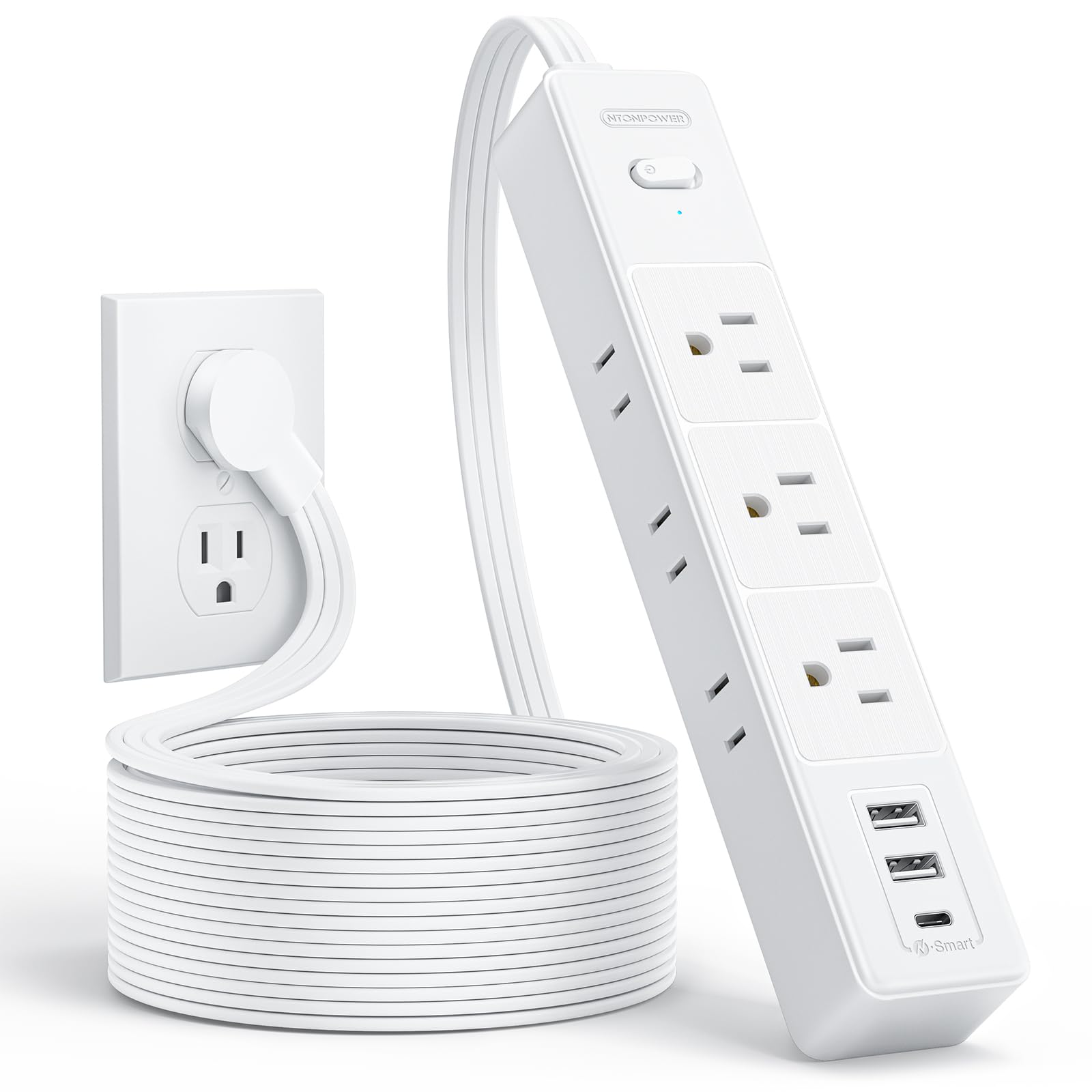 NTONPOWER 10ft Flat Extension Cord with 9 Charging Ports