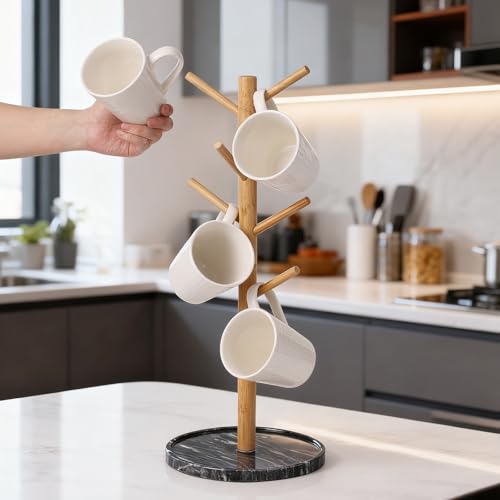 50% Off: Bamboo Mug Holder with 8 Hooks & Marble Base - Image 3
