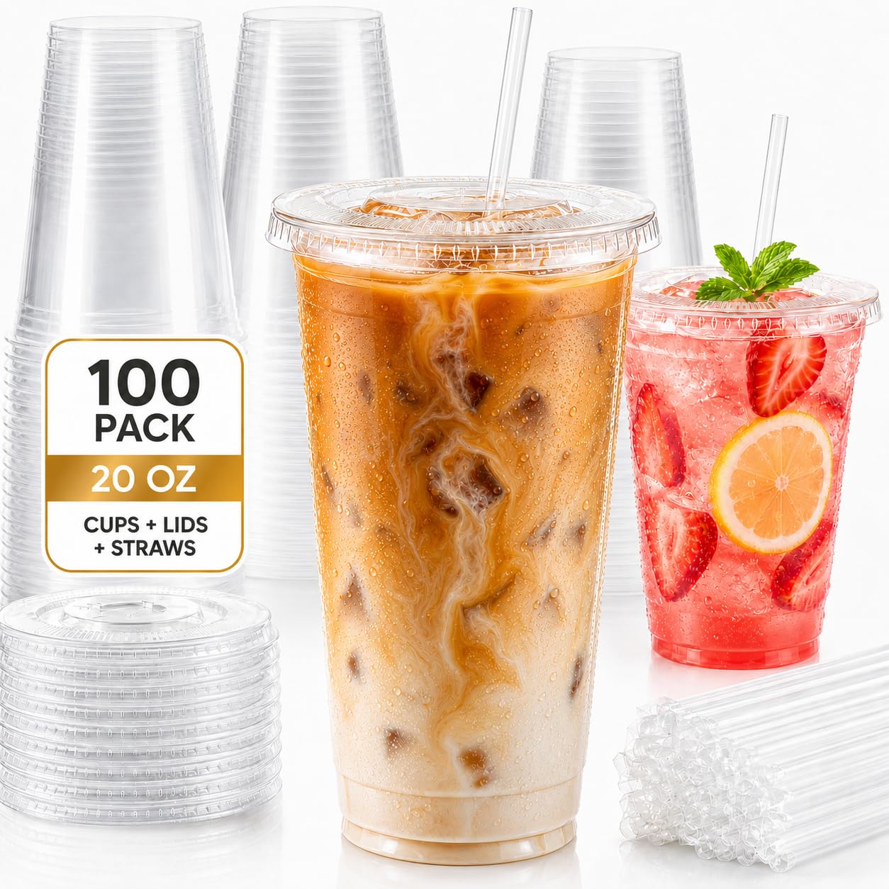 50% Off 100 Pack 20 oz Clear Plastic Cups with Lids & Straws