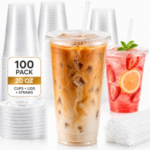 50% Off 100 Pack 20 oz Clear Plastic Cups with Lids & Straws - Image 2
