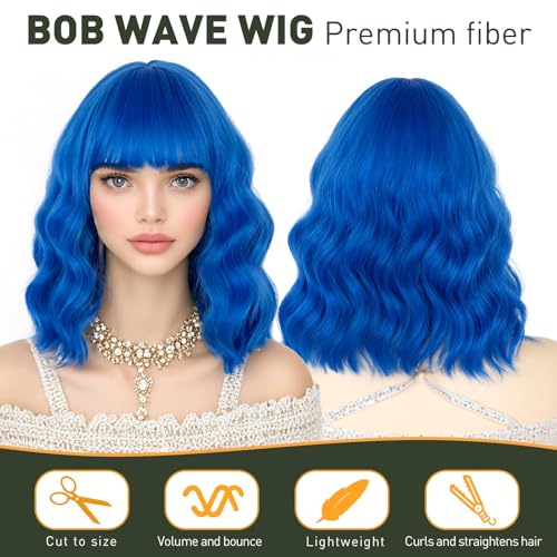 50% Off Blue Bob Wig with Bangs - Heat Resistant Synthetic - Image 2
