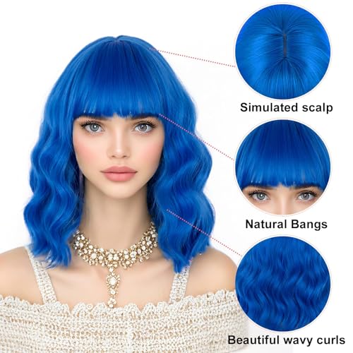50% Off Blue Bob Wig with Bangs - Heat Resistant Synthetic - Image 3