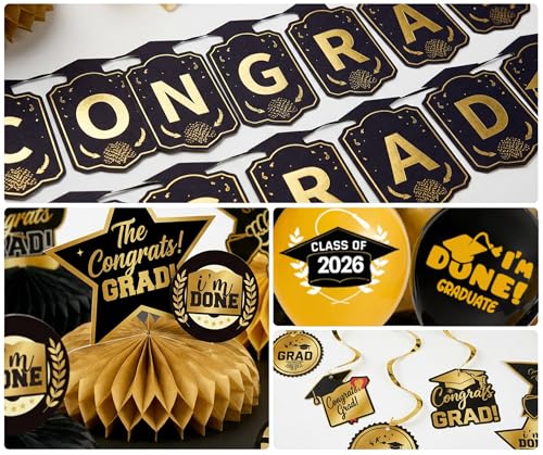 Complete Black & Gold Graduation Party Decor Kit - Image 4