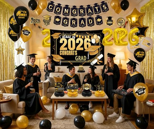 Complete Black & Gold Graduation Party Decor Kit - Image 5