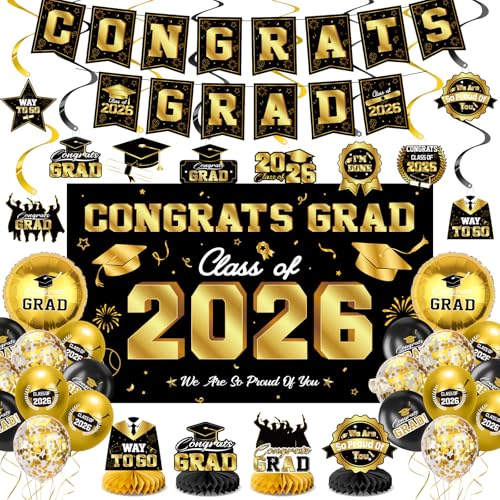 Save 30% on Black & Gold Class of 2026 Graduation Decor Set - Image 1