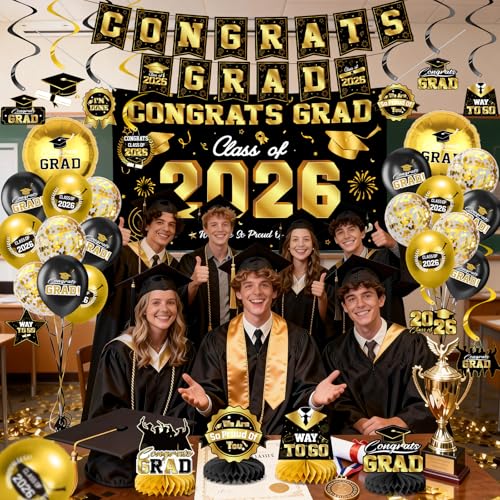 Save 30% on Black & Gold Class of 2026 Graduation Decor Set - Image 2