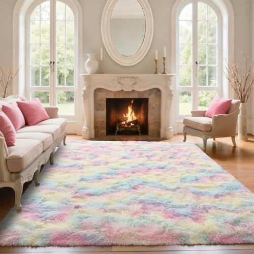 Save 55% on a 6x9 Fluffy Rainbow Area Rug for Bedroom & Living Room - Image 1