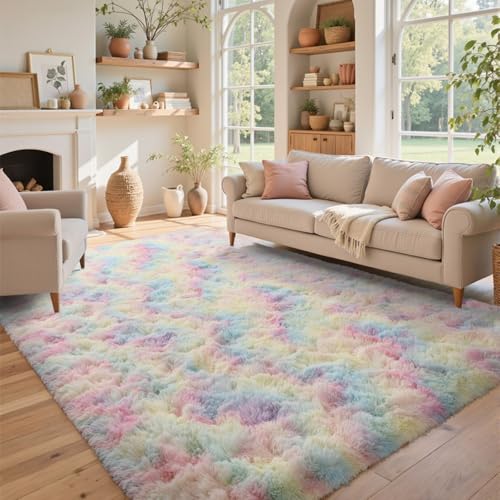 Save 55% on a 6x9 Fluffy Rainbow Area Rug for Bedroom & Living Room - Image 2