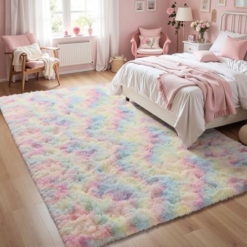 Save 55% on a 6x9 Fluffy Rainbow Area Rug for Bedroom & Living Room - Image 3