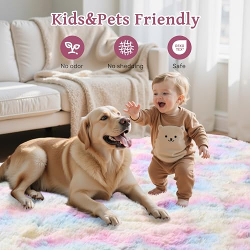 Save 55% on a 6x9 Fluffy Rainbow Area Rug for Bedroom & Living Room - Image 5