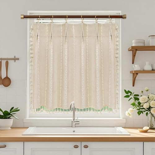 50% Off Beige Boho Farmhouse Window Curtain with Tassels - Image 1