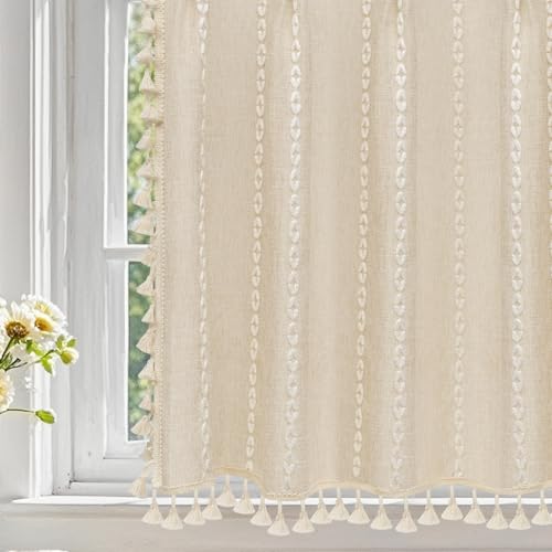 50% Off Beige Boho Farmhouse Window Curtain with Tassels - Image 4