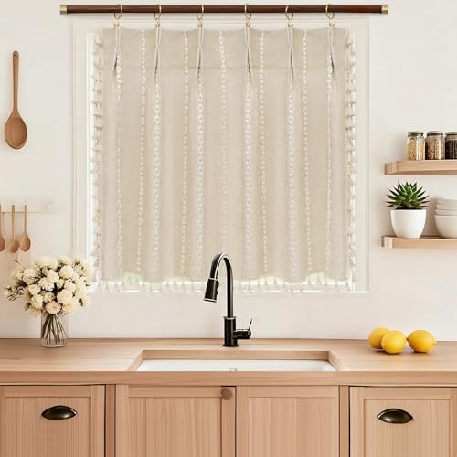 50% Off Beige Boho Farmhouse Window Curtain with Tassels - Image 5
