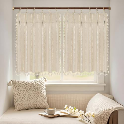 50% Off Beige Boho Farmhouse Window Curtain with Tassels - Image 7