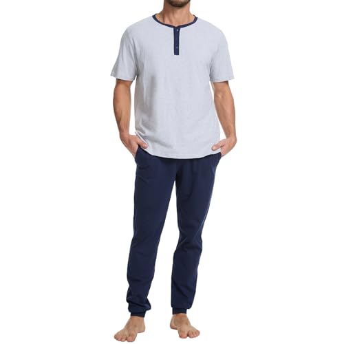 50% Off Men's Cotton Pajama Set with Henley Neckline - Image 1