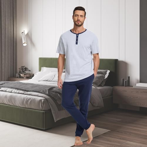 50% Off Men's Cotton Pajama Set with Henley Neckline - Image 3