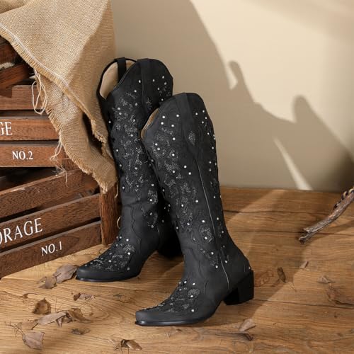 50% Off SaraIris Black Rhinestone Cowgirl Boots with Chunky Heel - Image 2