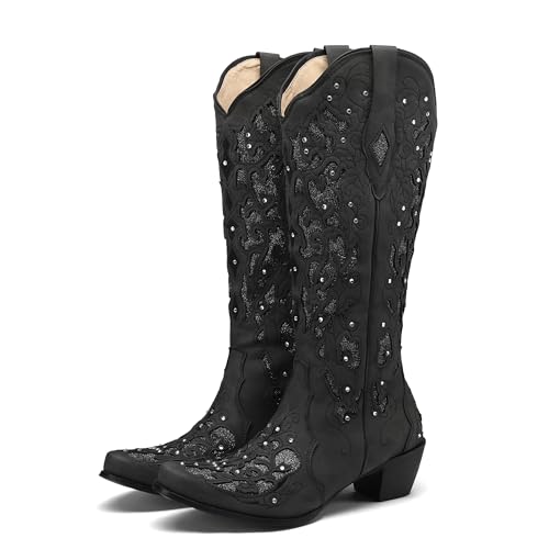 50% Off SaraIris Black Rhinestone Cowgirl Boots with Chunky Heel - Image 5