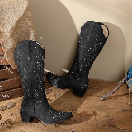 50% Off SaraIris Black Rhinestone Cowgirl Boots with Chunky Heel - Image 7