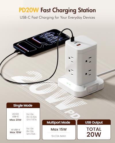 Power Strip Tower with 8 Outlets & Fast USB-C Charging - Image 4