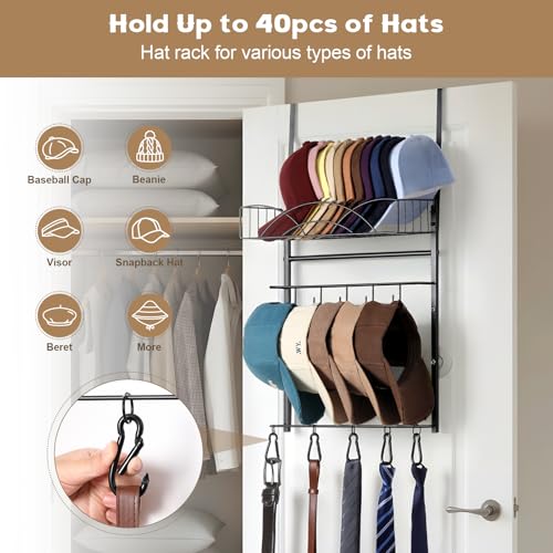 50% Off Metal Hat Rack - Holds 40 Caps with Basket & Hooks - Image 2