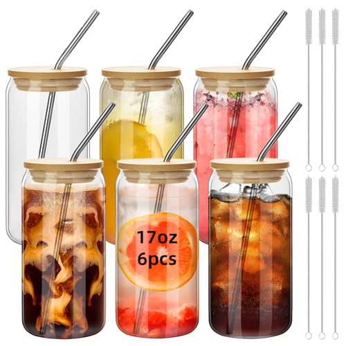 6-Piece Glass Cup Set with Bamboo Lids and Straws - Image 1