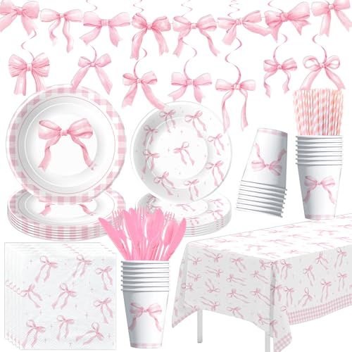50% Off Pink Bow Birthday Party Supplies for 24 Guests - Image 1