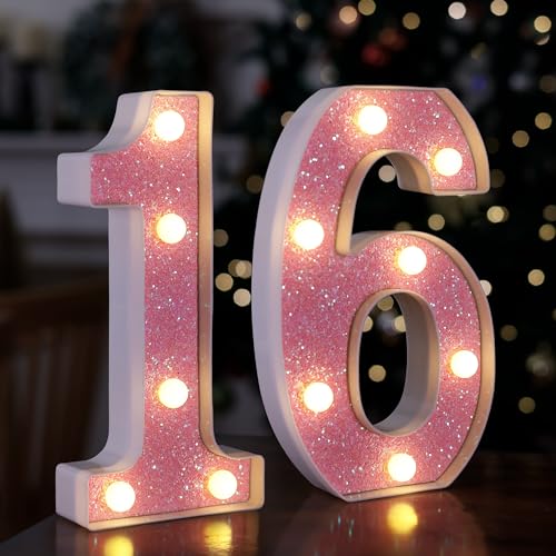 50% Off Pink Glitter 16 LED Light Up Numbers for Sweet 16 - Image 1