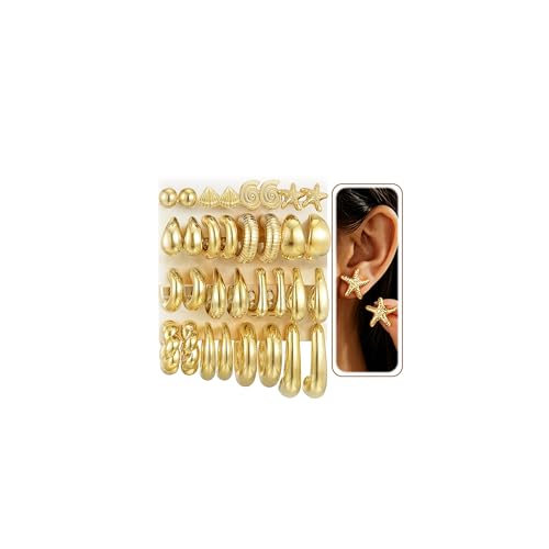 36% Off 16 Pairs Starfish Gold Hoop Earrings Set for Women - Image 1