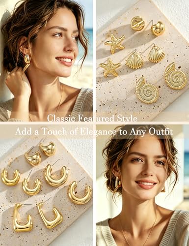 36% Off 16 Pairs Starfish Gold Hoop Earrings Set for Women - Image 6