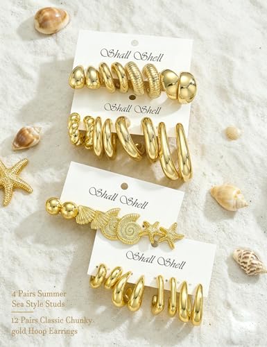 36% Off 16 Pairs Starfish Gold Hoop Earrings Set for Women - Image 7