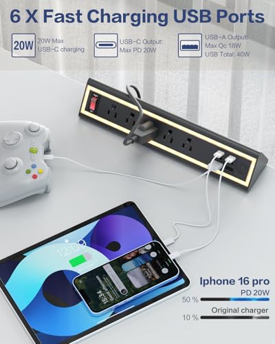 40W Fast Charging Desk Clamp Power Strip with Nightlight - Image 4