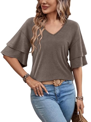 MixShe Women V-Neck Ruffle Blouse - Summer Lightweight Top