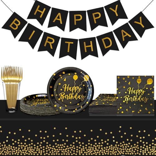 30% Off Black Gold Birthday Party Plates Set for 35 Guests - Image 1