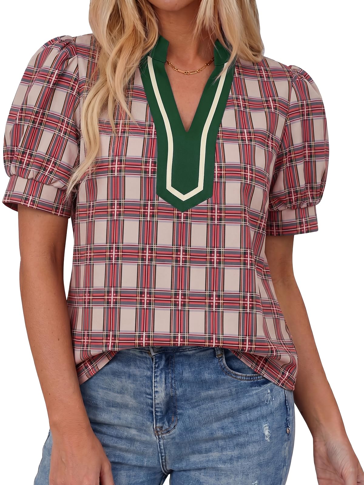 50% Off Tankaneo Women's Puff Sleeve Plaid Blouse
