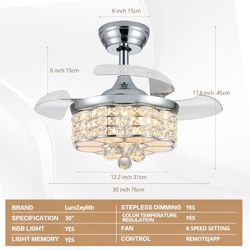 50% Off LumZeylith 30" Retractable Crystal Ceiling Fan with RGB Light - Image 4