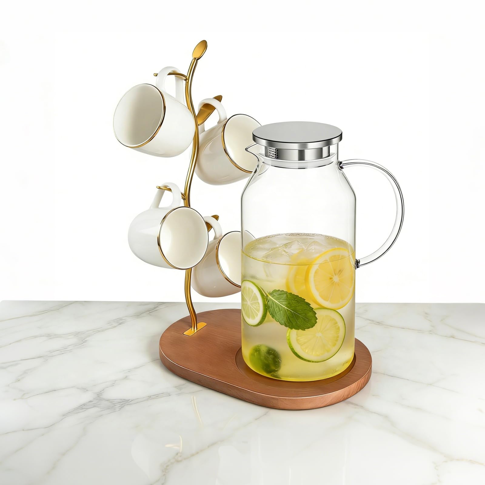 Gold Mug Tree with Wooden Base for Kitchen Counter