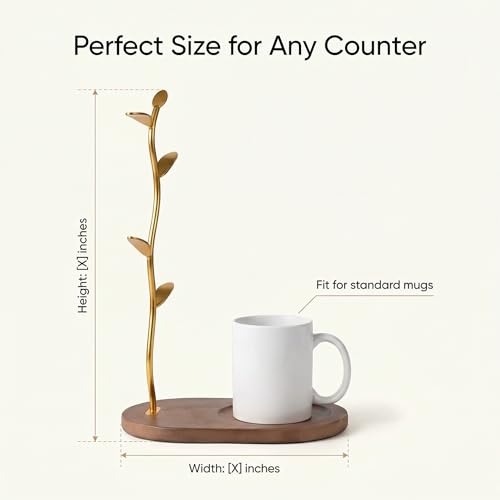 Gold Mug Tree with Wooden Base for Kitchen Counter - Image 4