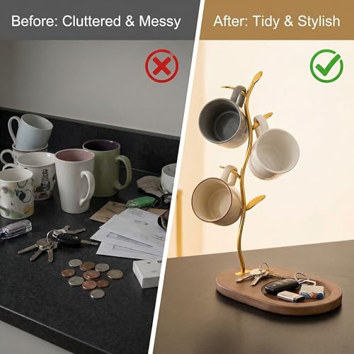 Gold Mug Tree with Wooden Base for Kitchen Counter - Image 6