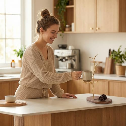 Gold Mug Tree with Wooden Base for Kitchen Counter - Image 7