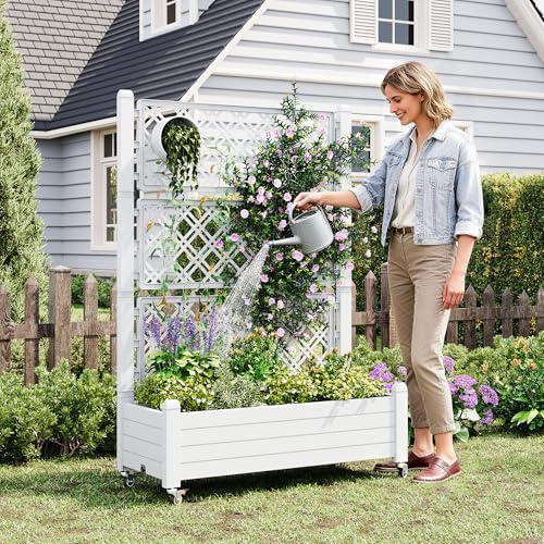 13% Off Resin Raised Garden Bed with Trellis & Wheels - Image 3